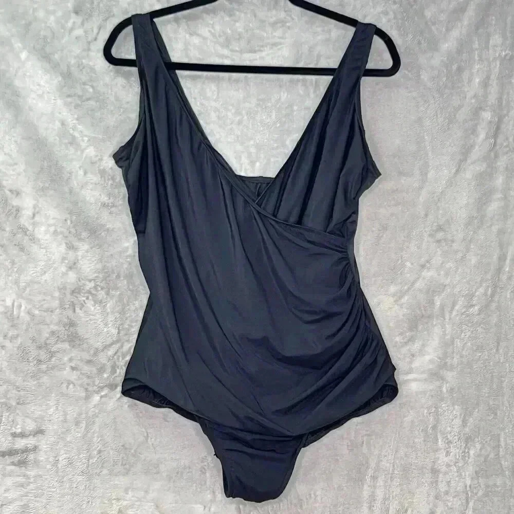 Miraclesuit Black One Piece Swimsuit Draped Size 22W Wrap Front Ruched